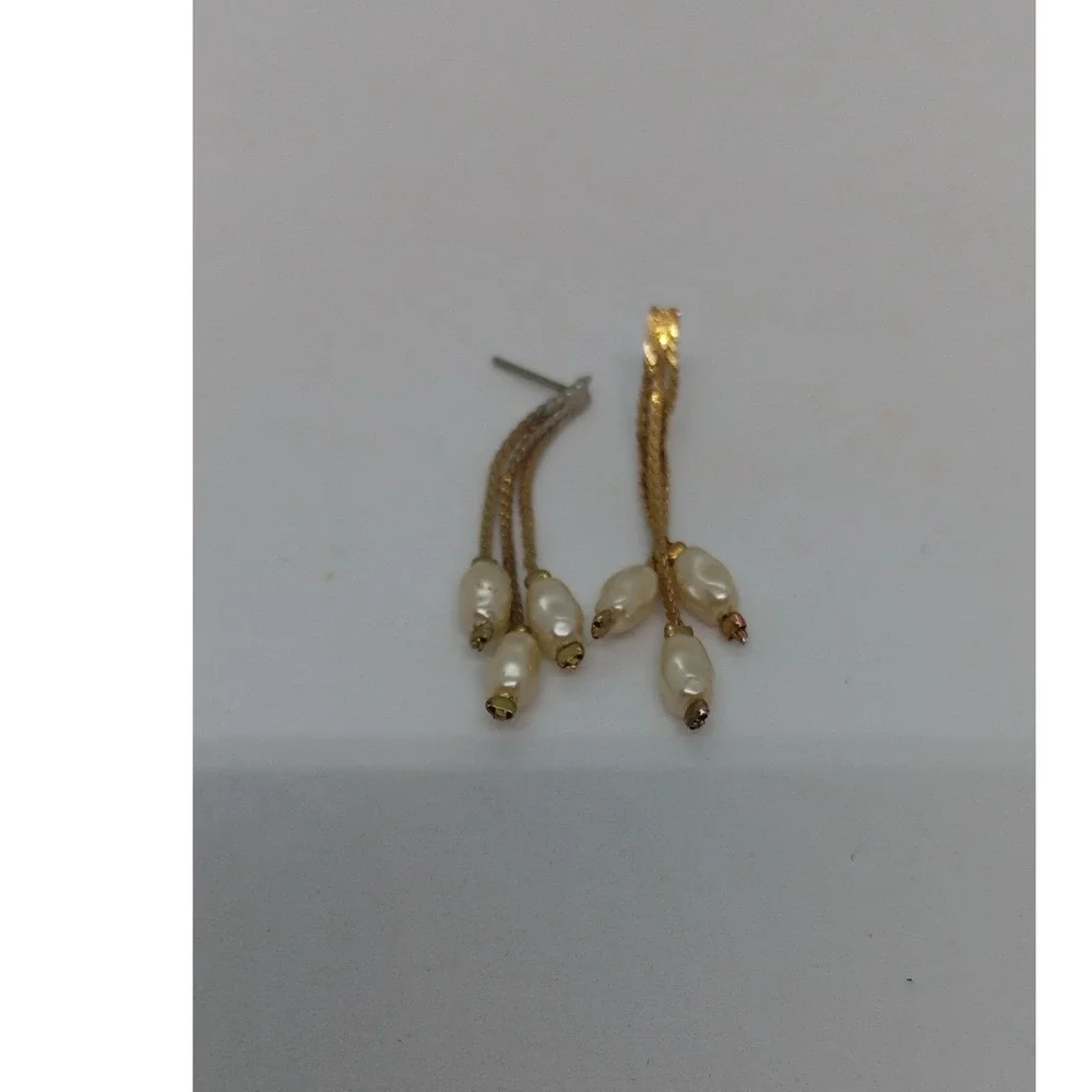 Gold Tone Curb Chain Faux Pearl Dangling Drop Earrings Womens Accessory